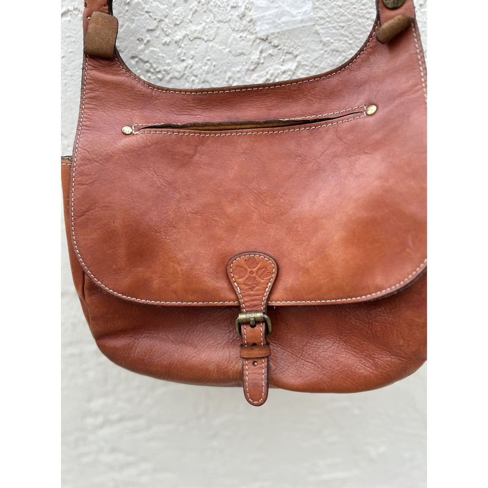 Patricia Nash Cognac Leather Crossbody Saddle Bag Vintage Style Buckle Detail